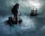 Unknown Mermaid and pirate ship painting